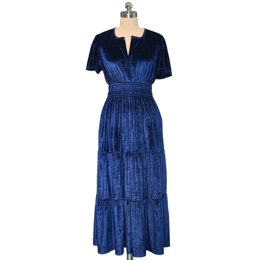 Statement Boutique Dark Blue Velvet Long Maxi Tiered Short Sleeve Dress S